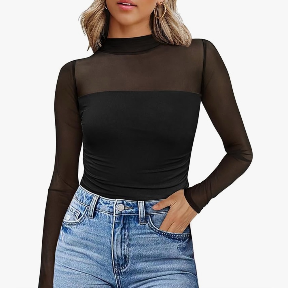 Women's Sheer Black Long-Sleeve Turtleneck Top